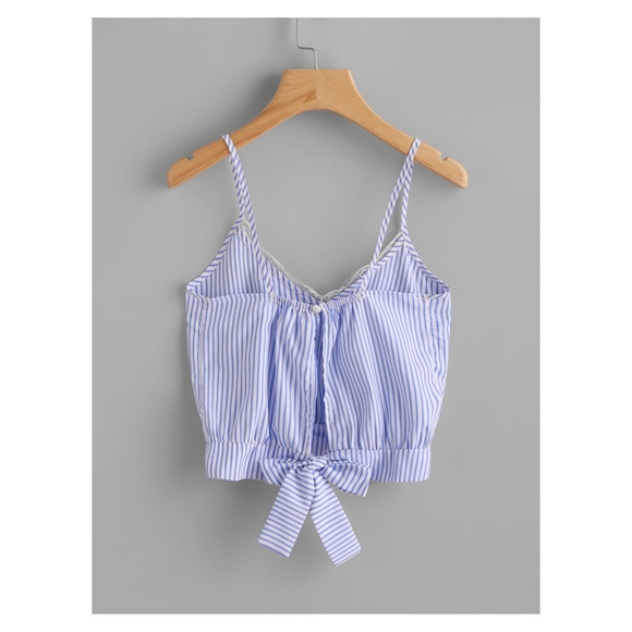 Blue White Lace Striped Back Tie Cami Crop Top - Picture 2 of 4